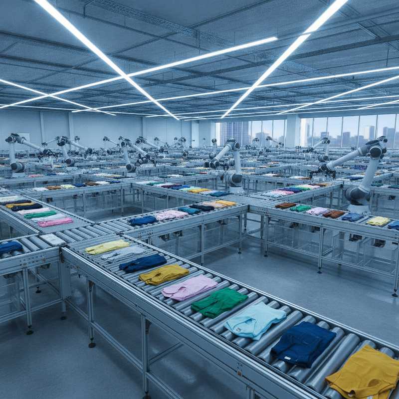 Moderne textielsorteerinstallatie met transportbanden en onverkochte kleding voor recycling