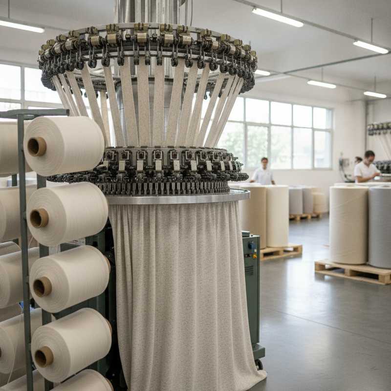 Industriële breiproductie van gerecycled katoen in moderne textielfabriek met breimaschines en rollen jersey stof