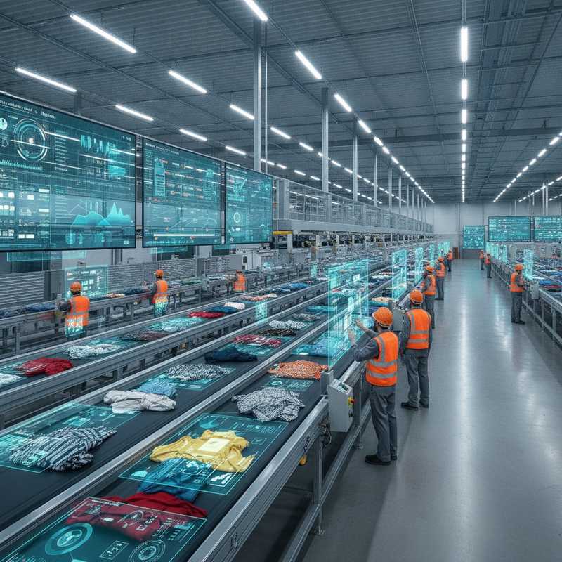Geautomatiseerde textielsorteerinstallatie met digitale scanners en databorden die kledingstukken verwerken voor recycling