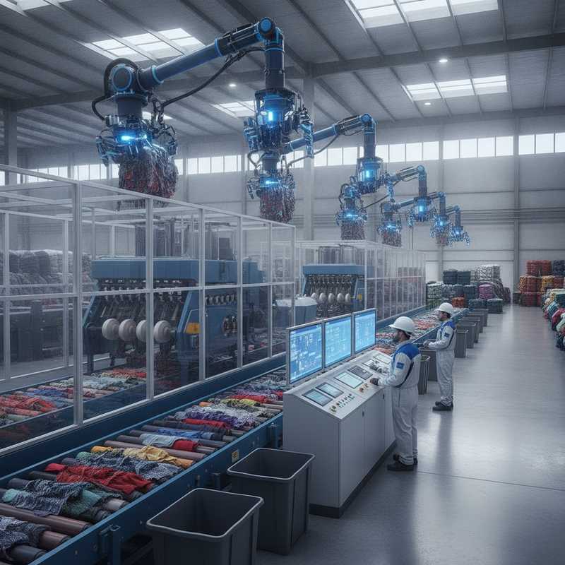 Moderne textielrecyclingfabriek met geautomatiseerde sorteermachines en spinnerij-apparatuur voor textiel-naar-textielrecycling