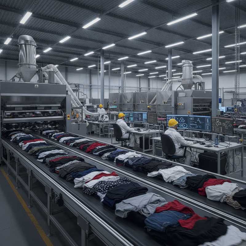 Interieur van een textielrecyclingfabriek met geautomatiseerde sorteermachines en kledingstukken op transportbanden