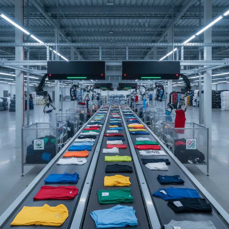 Geautomatiseerd textiel sorteercentrum met AI-technologie die kleding op transportbanden sorteert op vezeltype