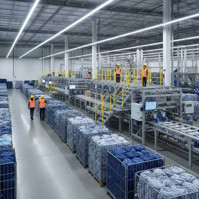 Moderne textielrecyclingfabriek met gestapelde polyester balen en geautomatiseerde sorteerlijnen