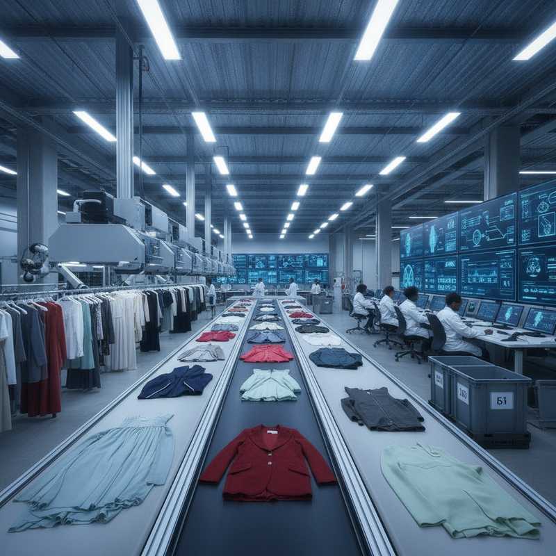Geautomatiseerde textielsorteerhal met onverkochte kledingstukken op transportband en digitale traceringsystemen