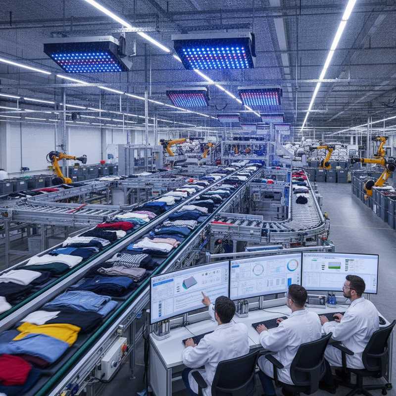 Moderne textielsorteerlijnen met transportbanden, scanapparatuur en kwaliteitsgrading op computerschermen in recyclingcentrum