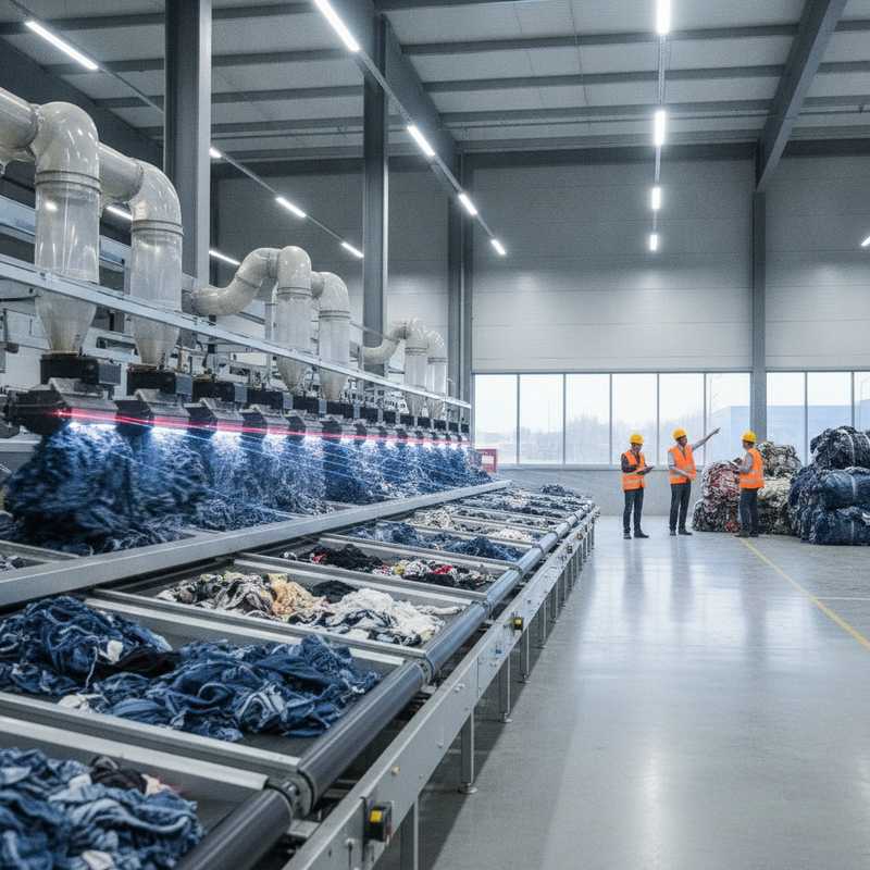 Textielsorteerinstallatie met NIR-apparatuur sorteert denim en polycotton-afval op transportbanden