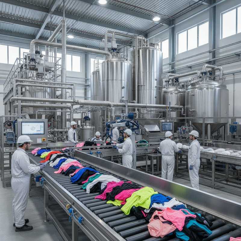 Interieur van moderne textielrecyclingfabriek met industriële apparatuur voor verwerking van sportkleding en nylontextiel