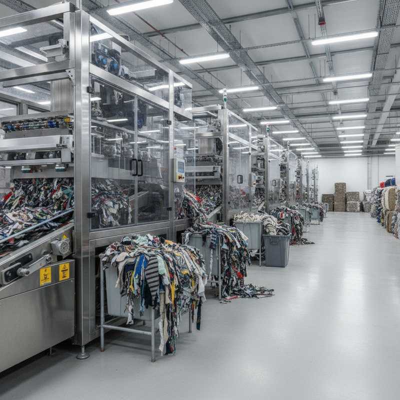 Industriële textielrecyclingfaciliteit met geautomatiseerde sorteerapparatuur die gemengd textielafval verwerkt