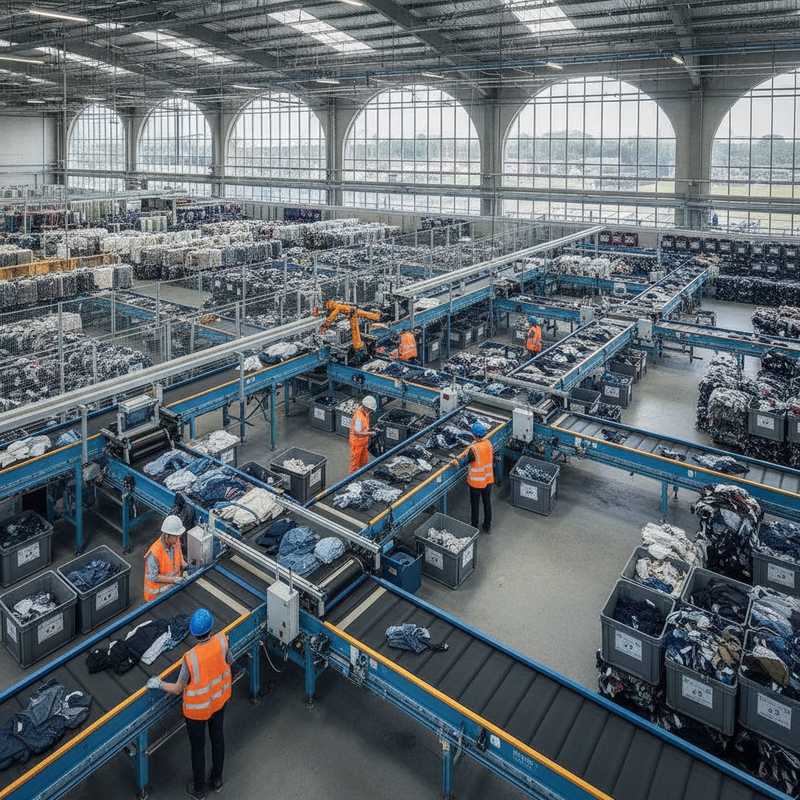 Geautomatiseerd textielsorteercentrum met transportbanden en medewerkers die kleding sorteren voor recycling