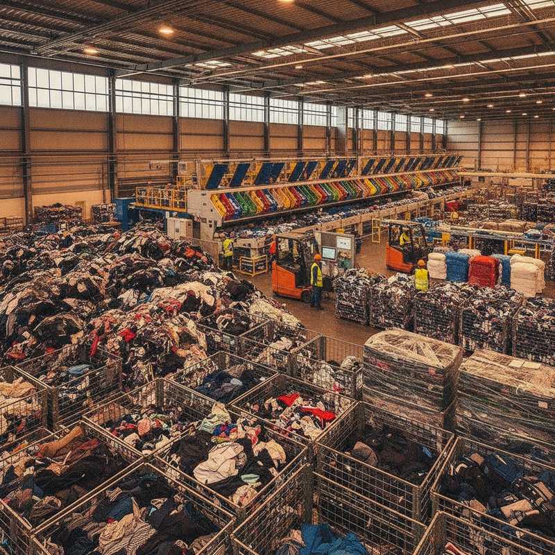 Industriële textielsorteerfaciliteit met containers vol gebruikt textiel en sorteerinstallaties