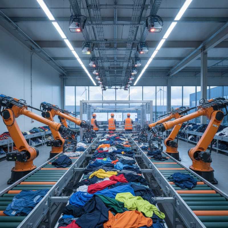 Moderne geautomatiseerde textielsorteerfaciliteit met robotarmen en optische sensoren die gekleurd textielafval verwerken