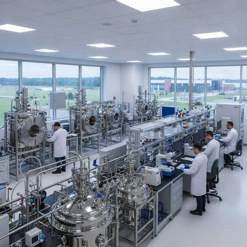 Modern chemisch onderzoekslaboratorium met reactoren en wetenschappers die monsters analyseren voor textielrecyclingtechnologie