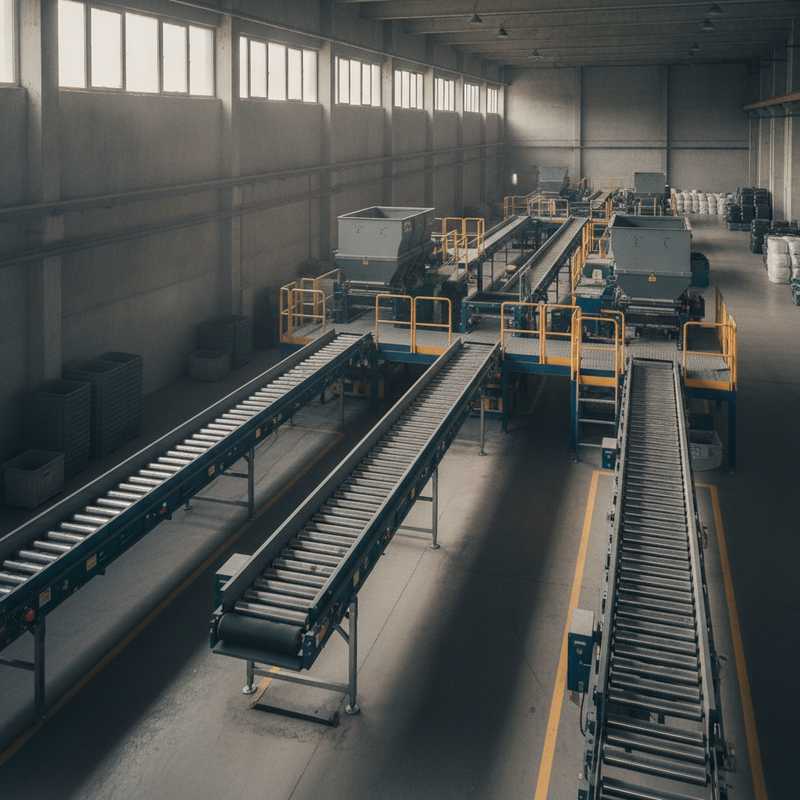 Leeg modern textielsorteercentrum met transportbanden en sorteerinstallaties in afwachting van activiteit
