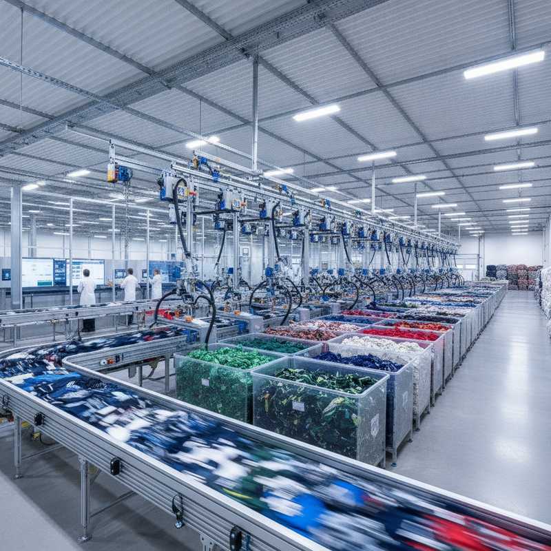 Modern geautomatiseerd textielsorteercentrum met transportbanden, sorteerrobots en NIR-scanners voor textielrecycling