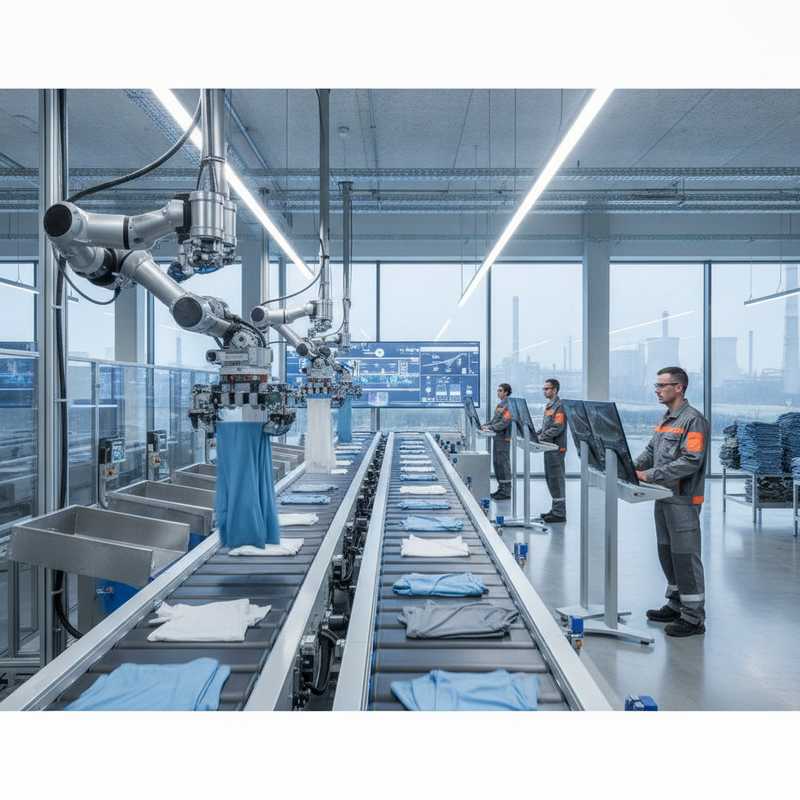 Moderne geautomatiseerde textielsorteerlijn met robotarmen en NIR-scanapparatuur in industriële recyclingfaciliteit