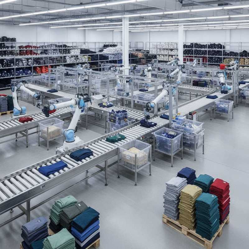 Modern textielsorteerbedrijf met geautomatiseerde transportbanden en robotarmen die kledingstukken scannen en sorteren