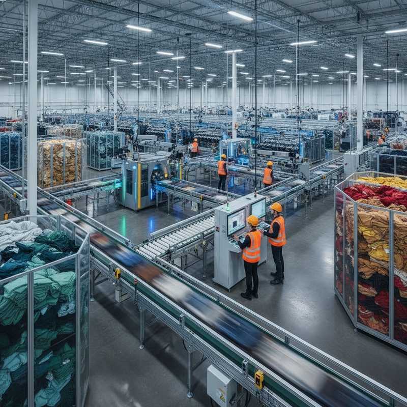 Moderne textielsorteerinstallatie met geautomatiseerde systemen en gesorteerde kledingstapels