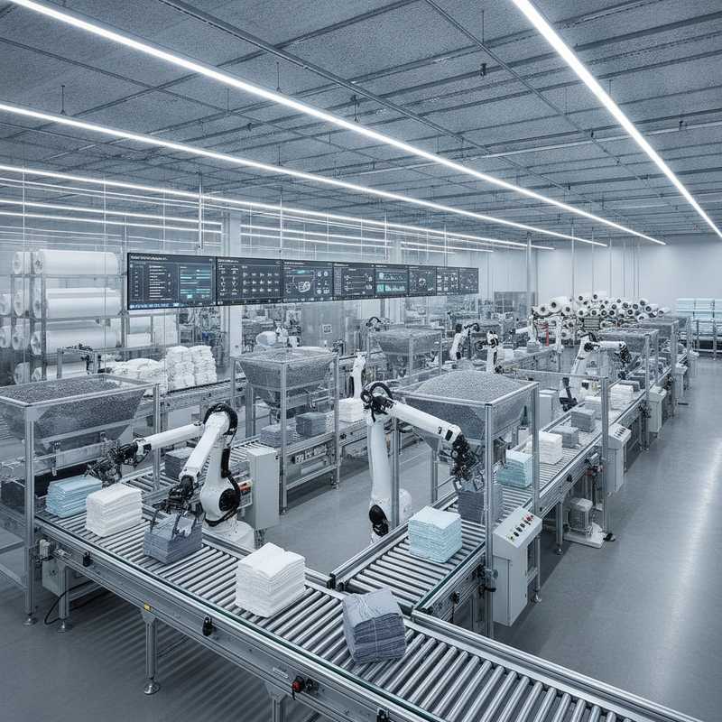 Moderne geautomatiseerde textielrecyclingfabriek met robotarmen die polyester stof verwerken en digitale controlesystemen