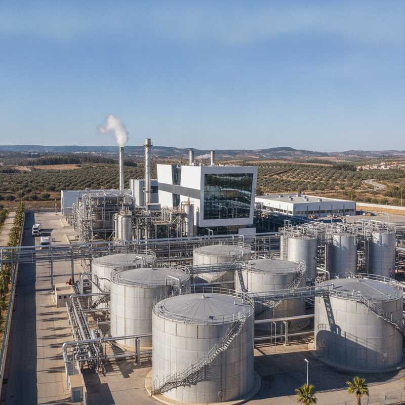 Buitenaanzicht van industriële nylon productie faciliteit met opslagtanks en verwerkingseenheden in Spanje