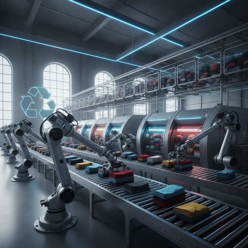 Moderne textielsorteerfaciliteit met robotarmen en transportbanden die kleding verwerken voor hergebruik en recycling