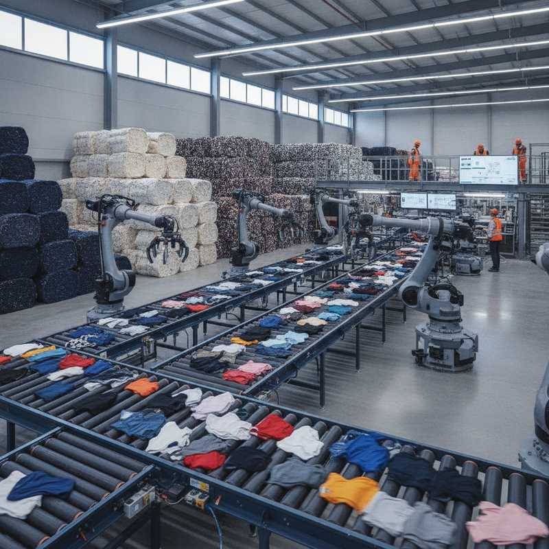 Geautomatiseerde textielsorteerfaciliteit met transportbanden en gesorteerde vezelbalen