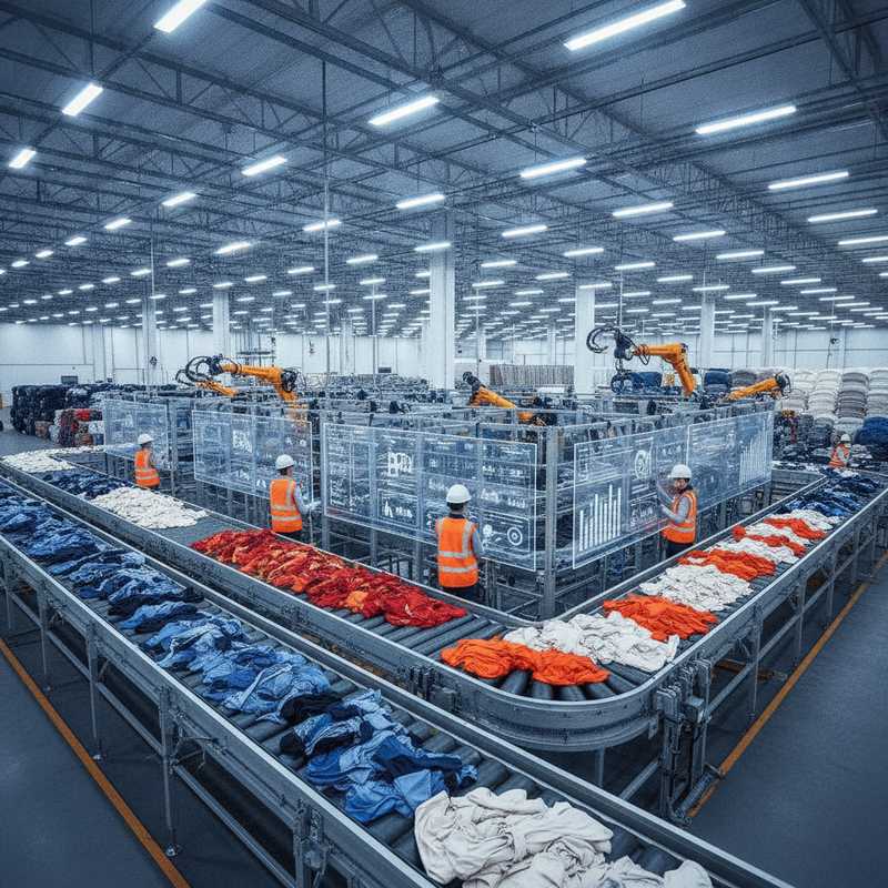 Moderne textielsorteerinstallatie met transportbanden en geautomatiseerde sorteerapparatuur voor kledingrecycling