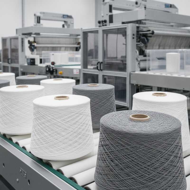 Close-up van witte en grijze spoelen recyclebaar elastisch garen op een industriële textielrecyclinglijn