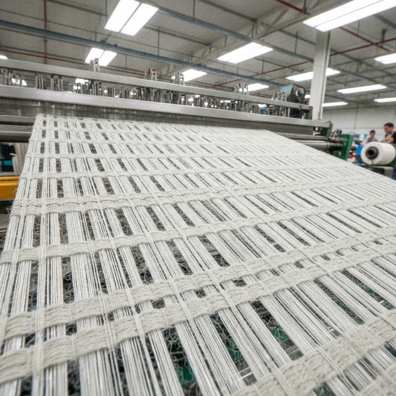 Close-up van technisch textielweefsel gemaakt van gerecyclede glasvezels met parallel georiënteerde vezels voor composietversterkingen