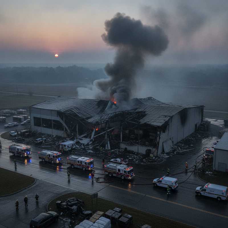 Beschadigde industriële textielrecyclingfaciliteit met brandweervoertuigen en hulpdiensten ter plaatse na explosies en brand