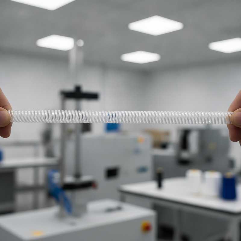 Close-up van wit elastisch polyethyleen garen dat wordt uitgerekt in een textiellaboratorium, met testapparatuur op de achtergrond