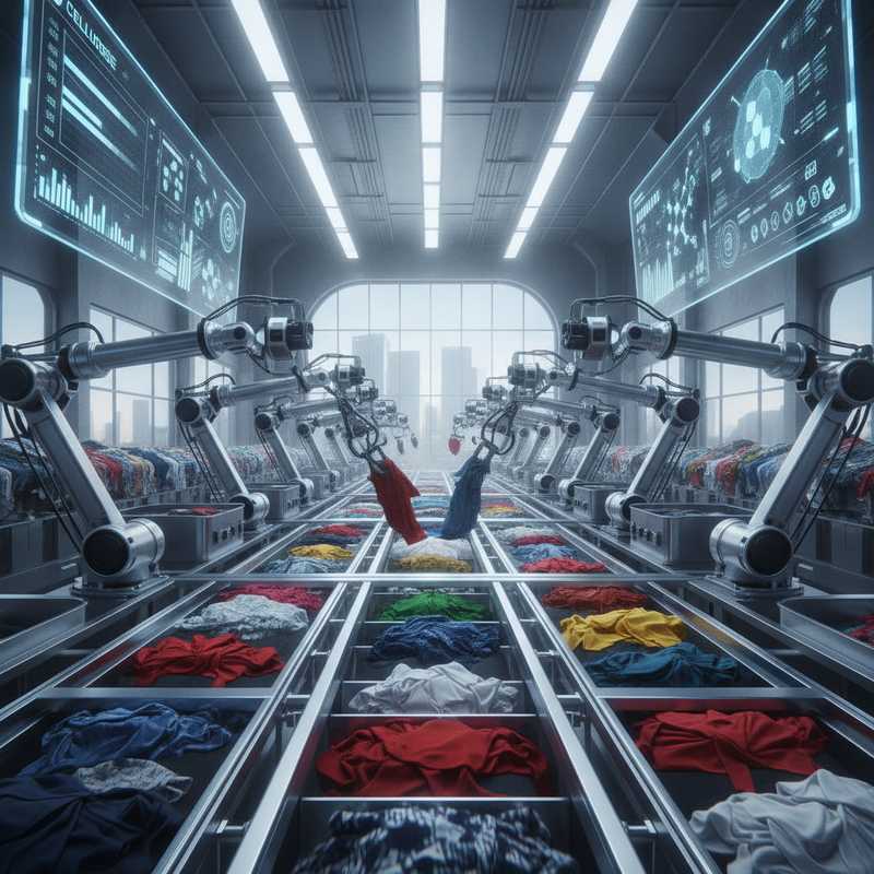 Moderne textielsorteerinstallatie met AI-systemen en robotarmen die kledingafval scheiden op transportbanden