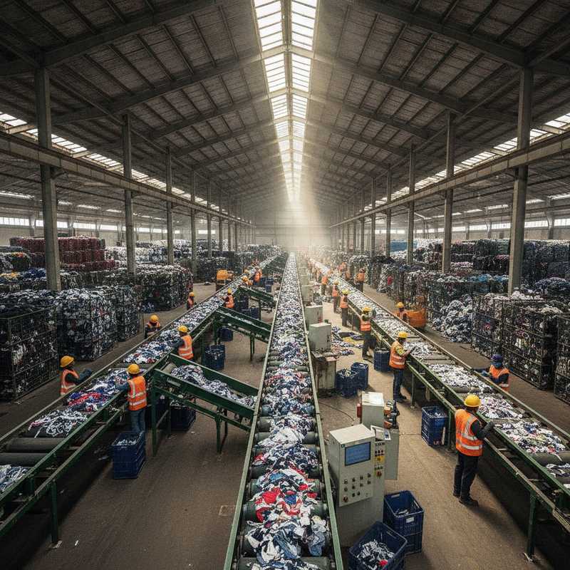 Industrieel textielrecyclingcentrum met sorteerbanden en balen gebruikte kleding in groot warehouse