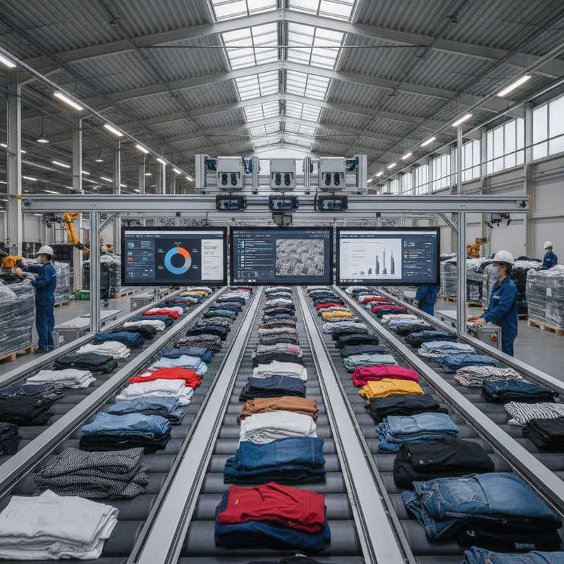 Moderne textielsorteerfaciliteit met transportband vol gebruikte kleding en AI-scanapparatuur die vezelsamenstelling en weefselconstructie analyseert