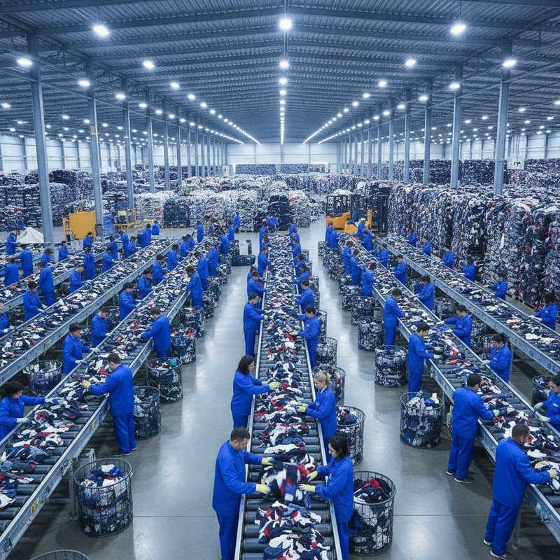 Moderne textielsorteerfabriek met industriële transportbanden en gestapelde balen gesorteerde kleding