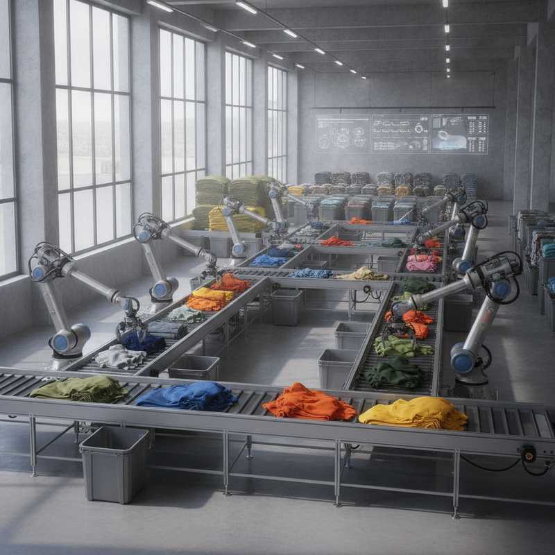 Moderne textielrecyclingfaciliteit met geautomatiseerde sorteerapparatuur en robotarmen die textiel verwerken