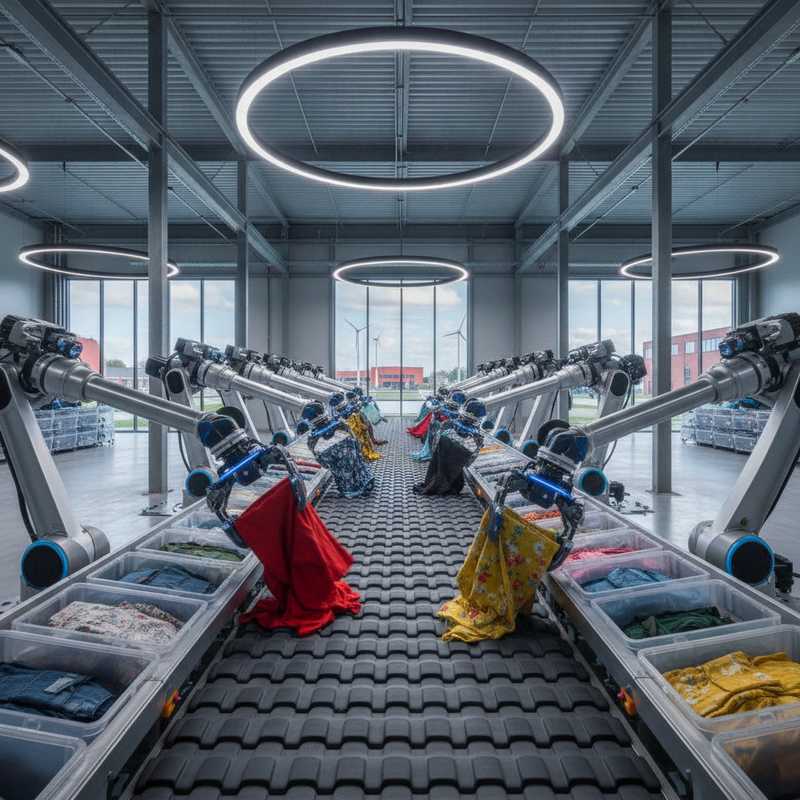 Geautomatiseerde textielsorteerlijn met robotarmen die kledingstukken van een transportband sorteren in een moderne fabriekshal