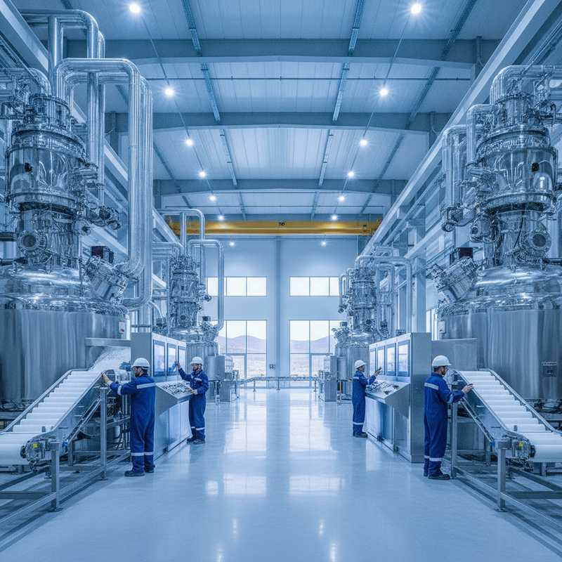 Moderne nylonpolymerisatiefabriek interieur met industriële tanks en werknemers in veiligheidskleding aan bedieningspanelen