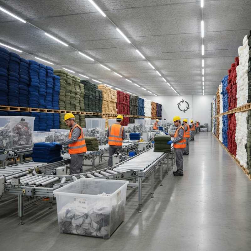 Modern textielsorteercentrum met transportbanden en gesorteerde textielvoorraad