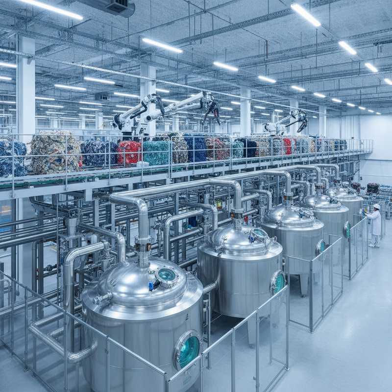 Industriële recyclingfabriek met stalen tanks en transportbanden voor textielverwerking