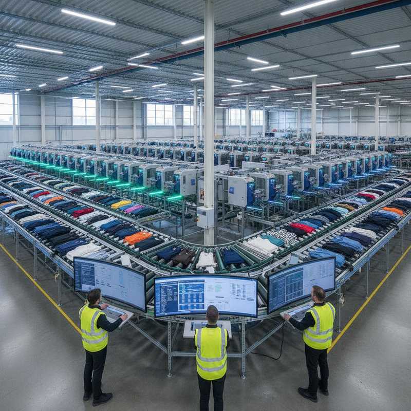 Geautomatiseerd textielsorteercentrum met onverkochte kledingstukken op transportbanden en optische scanapparatuur