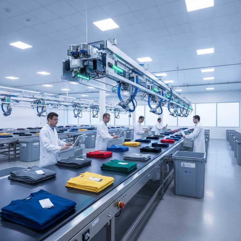 Geautomatiseerde textielsorteerinstallatie met onverkochte kledingstukken op lopende banden en scanapparatuur